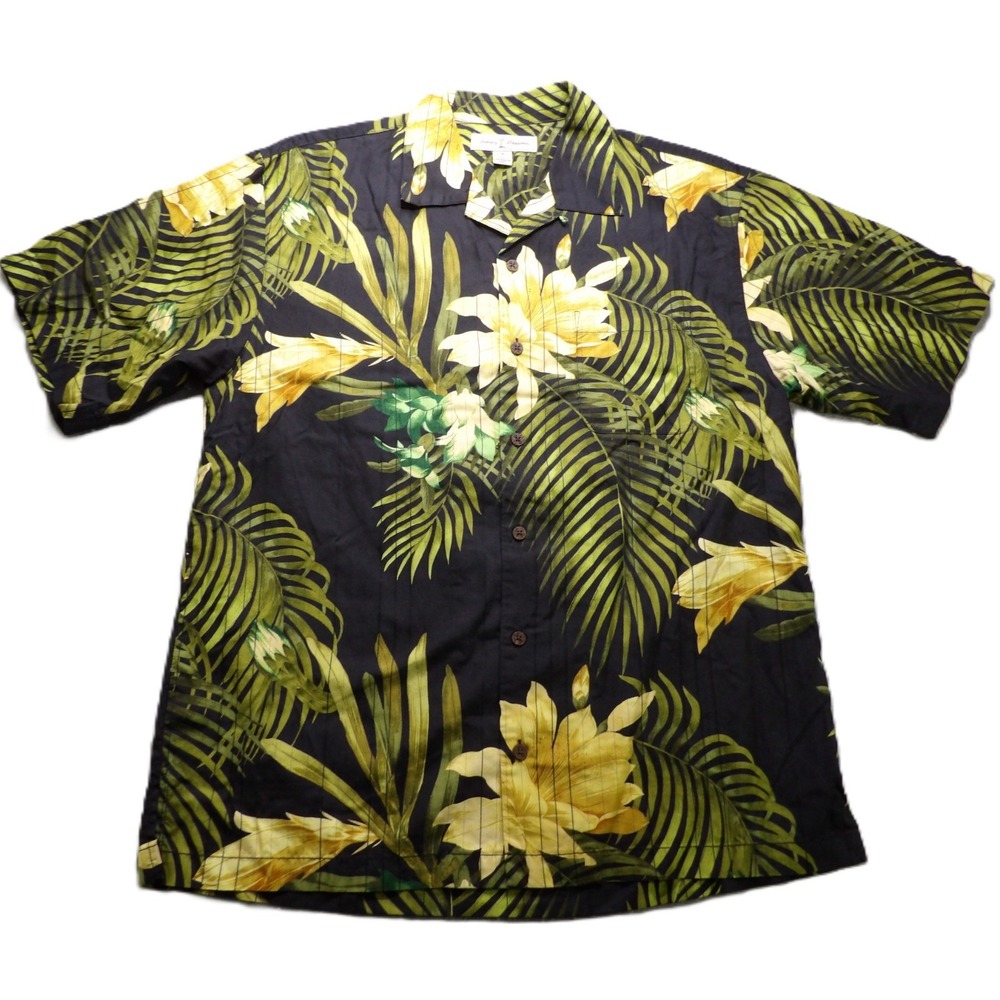 VTG Tommy Bahama Silk Tropical Camp Loop Collar Shirt Men M Black Hawaiian AOP